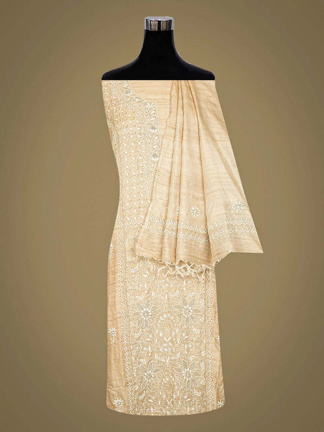 Ada Hand Embroidered Fawn Silk Lucknowi Chikankari Semi-stitched Kurta Dupatta Set With Cutdana Work 01A744269