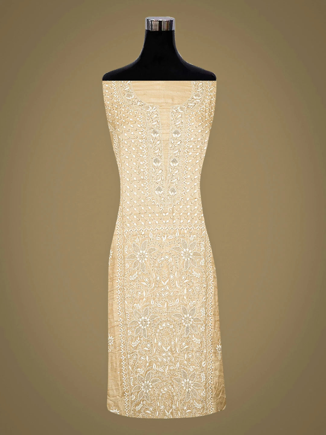 Ada Hand Embroidered Fawn Silk Lucknowi Chikankari Semi-stitched Kurta Dupatta Set With Cutdana Work 01A744269