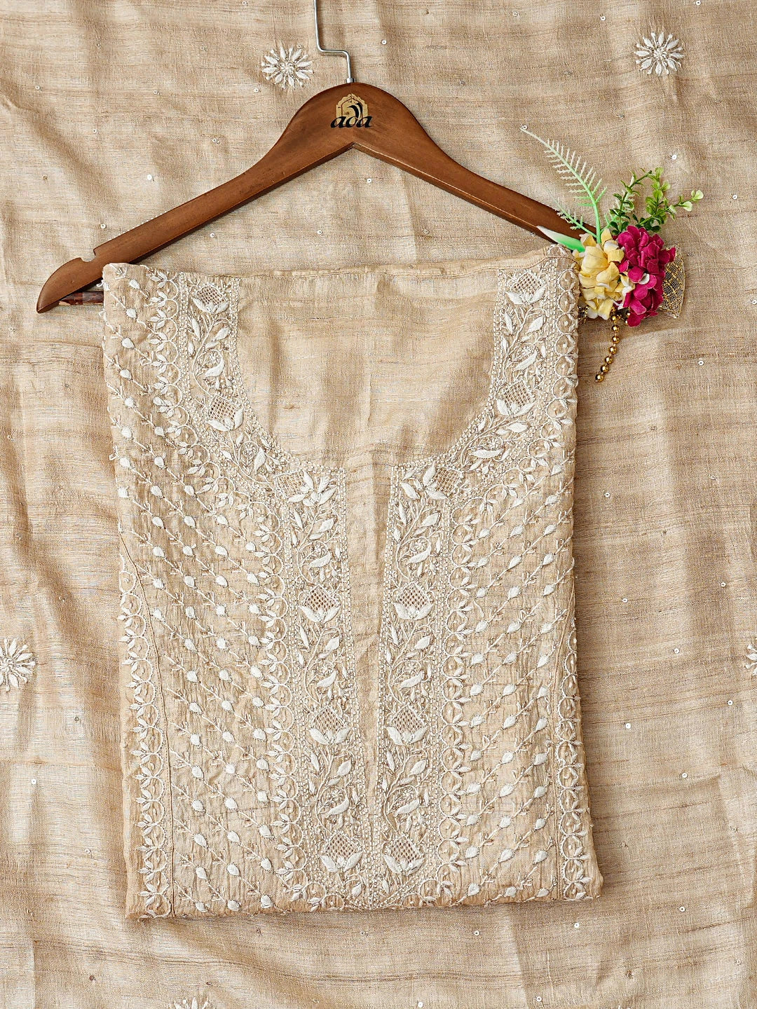 Ada Hand Embroidered Fawn Silk Lucknowi Chikankari Semi-stitched Kurta Dupatta Set With Cutdana Work 01A744269