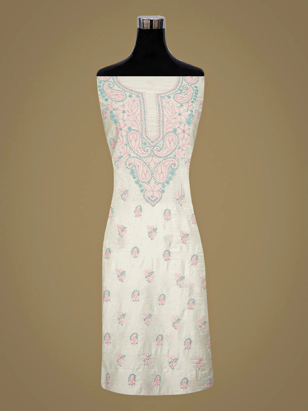 Ada Hand Embroidered White Chanderi Lucknowi Chikankari Unstitched Kurta Dupatta Set 01A871553
