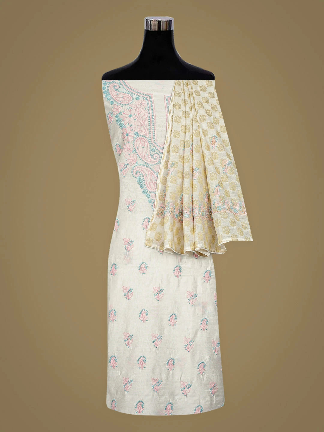 Ada Hand Embroidered White Chanderi Lucknowi Chikankari Unstitched Kurta Dupatta Set 01A871553