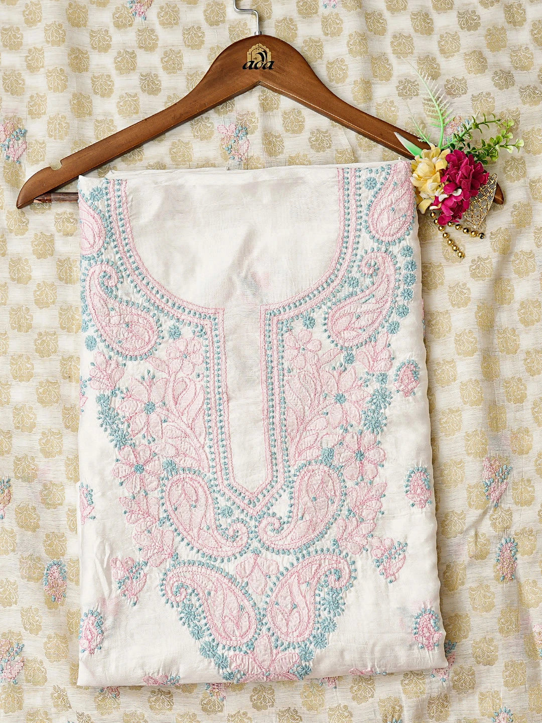Ada Hand Embroidered White Chanderi Lucknowi Chikankari Unstitched Kurta Dupatta Set 01A871553