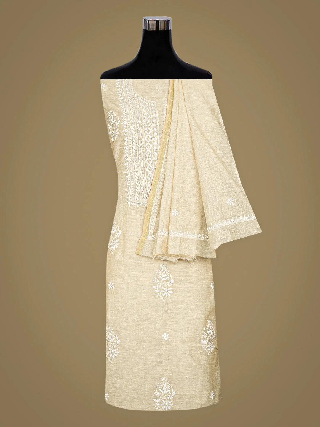 Ada Hand Embroidered Fawn Khadi Chanderi Lucknowi Chikankari Unstitched Kurta Dupatta Set 01A888660
