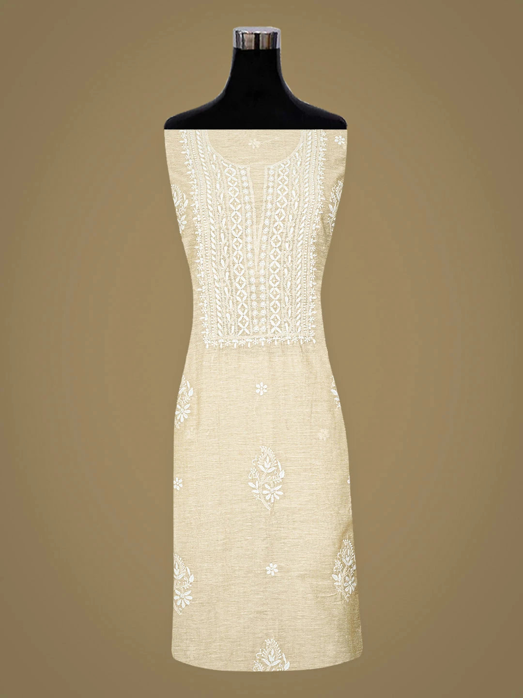 Ada Hand Embroidered Fawn Khadi Chanderi Lucknowi Chikankari Unstitched Kurta Dupatta Set 01A888660