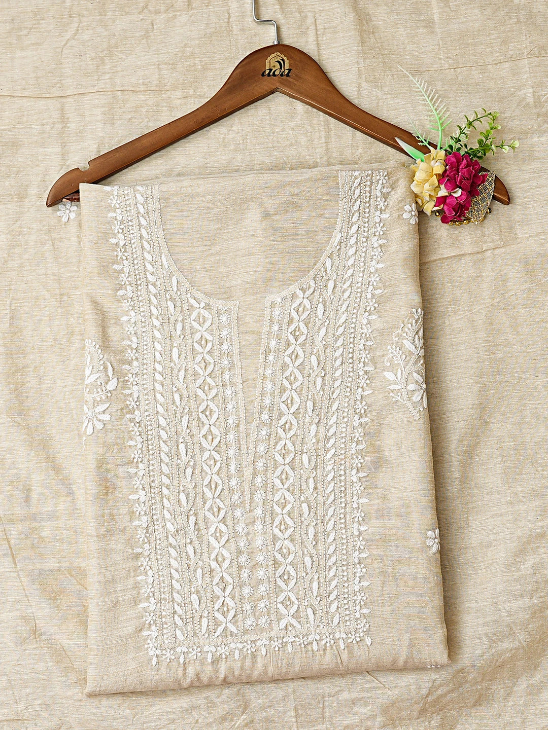 Ada Hand Embroidered Fawn Khadi Chanderi Lucknowi Chikankari Unstitched Kurta Dupatta Set 01A888660
