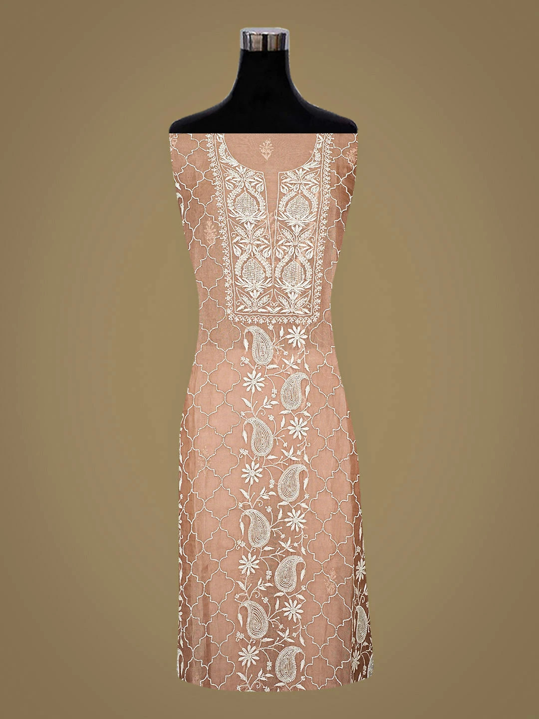 Ada Hand Embroidered Dusty Peach Organza Lucknowi Chikankari Semi-Stitched Kurta Dupatta Set With Cutdana Work 01A887191
