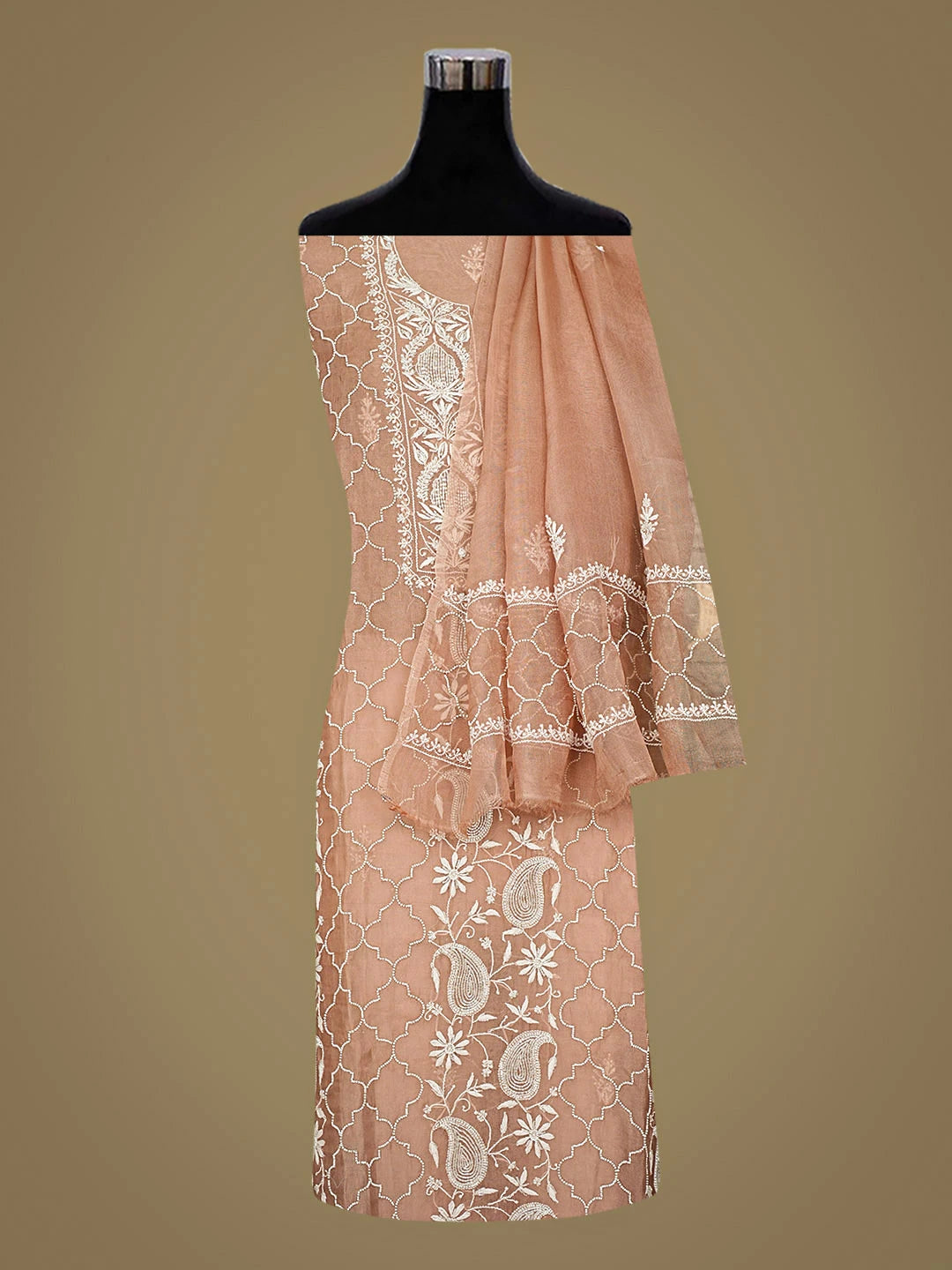 Ada Hand Embroidered Dusty Peach Organza Lucknowi Chikankari Semi-Stitched Kurta Dupatta Set With Cutdana Work 01A887191