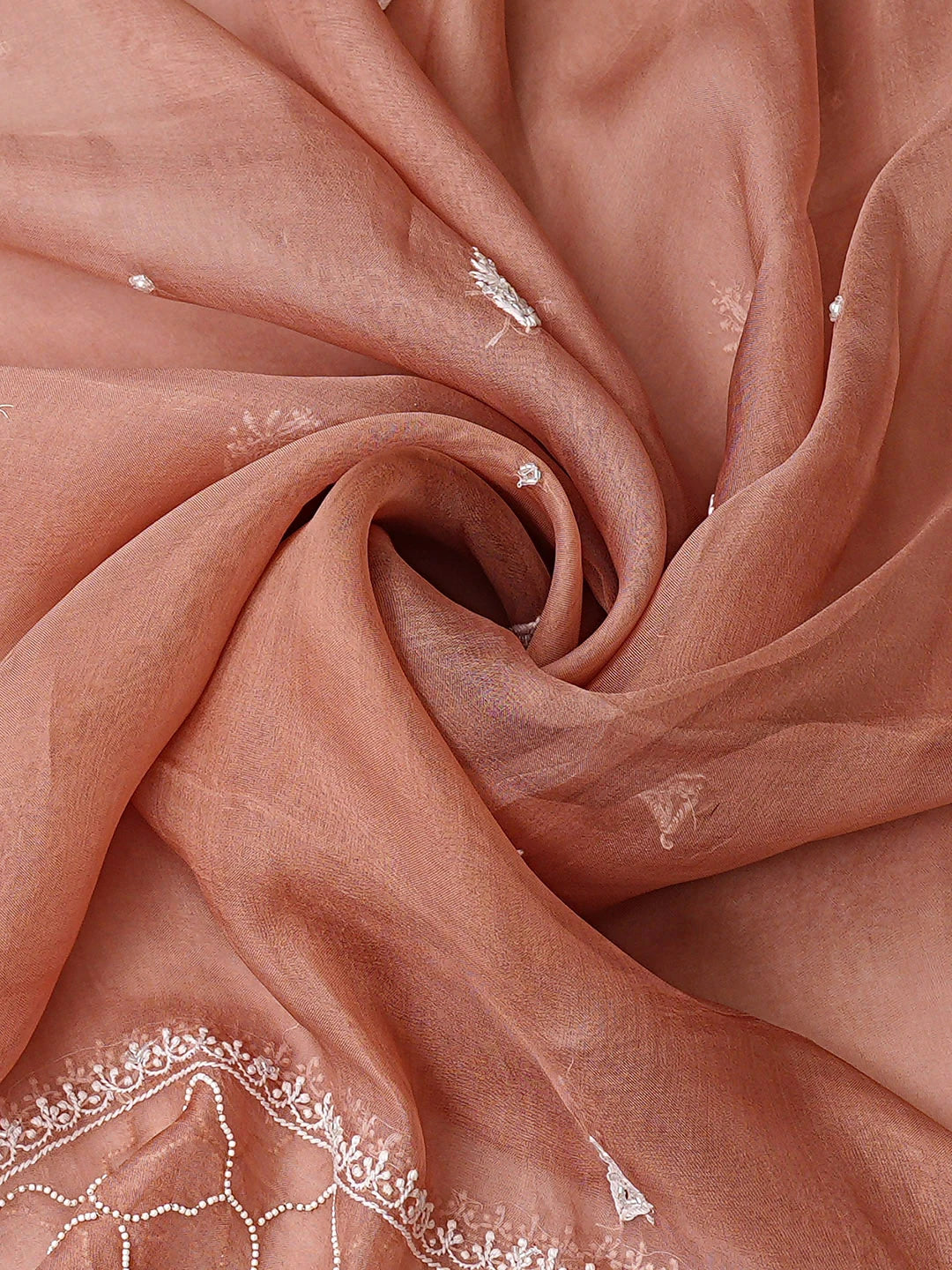 Ada Hand Embroidered Dusty Peach Organza Lucknowi Chikankari Semi-Stitched Kurta Dupatta Set With Cutdana Work 01A887191