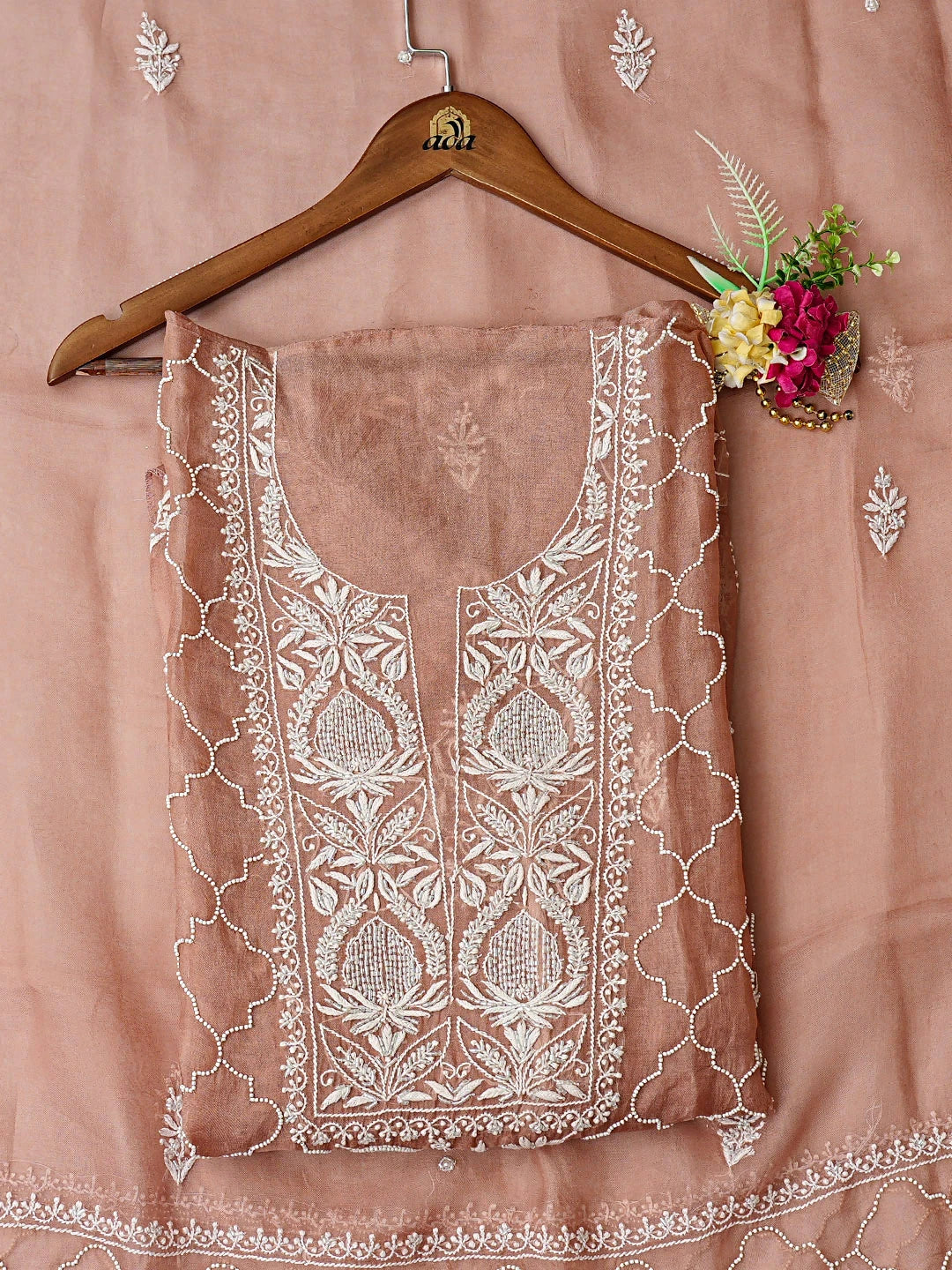 Ada Hand Embroidered Dusty Peach Organza Lucknowi Chikankari Semi-Stitched Kurta Dupatta Set With Cutdana Work 01A887191