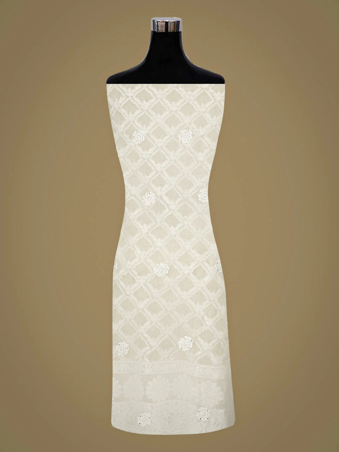 Ada Hand Embroidered Ivory Pure Georgette Lucknowi Chikankari Unstitched Kurta Dupatta Set With Muqaish Work 01A846089