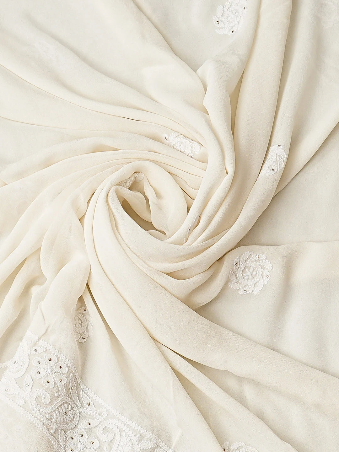 Ada Hand Embroidered Ivory Pure Georgette Lucknowi Chikankari Unstitched Kurta Dupatta Set With Muqaish Work 01A846089