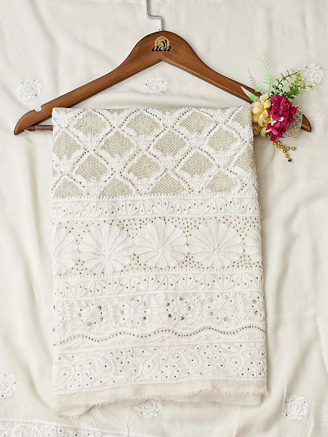 Ada Hand Embroidered Ivory Pure Georgette Lucknowi Chikankari Unstitched Kurta Dupatta Set With Muqaish Work 01A846089