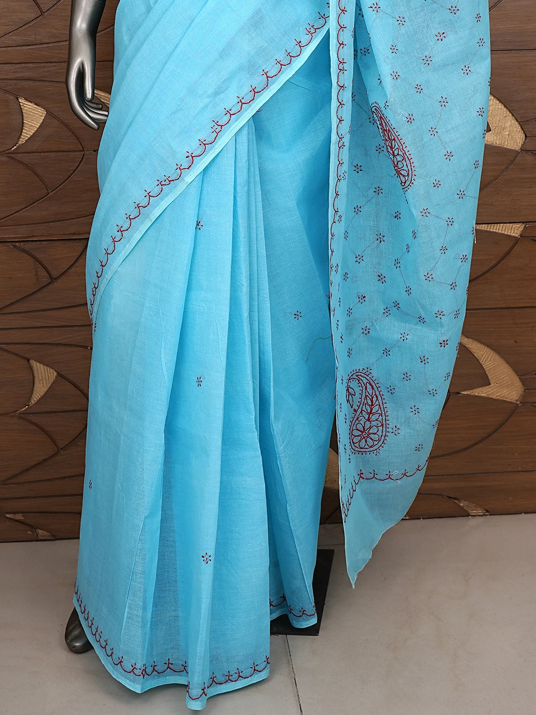 Ada Hand Embroidered Blue Cotton Lucknowi Chikankari Saree and Blouse 01A882896
