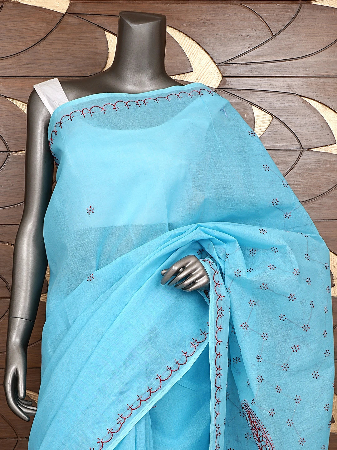 Ada Hand Embroidered Blue Cotton Lucknowi Chikankari Saree and Blouse 01A882896