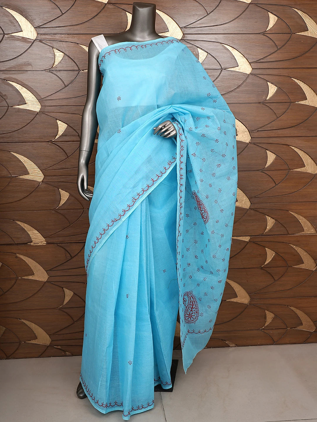 Ada Hand Embroidered Blue Cotton Lucknowi Chikankari Saree and Blouse 01A882896