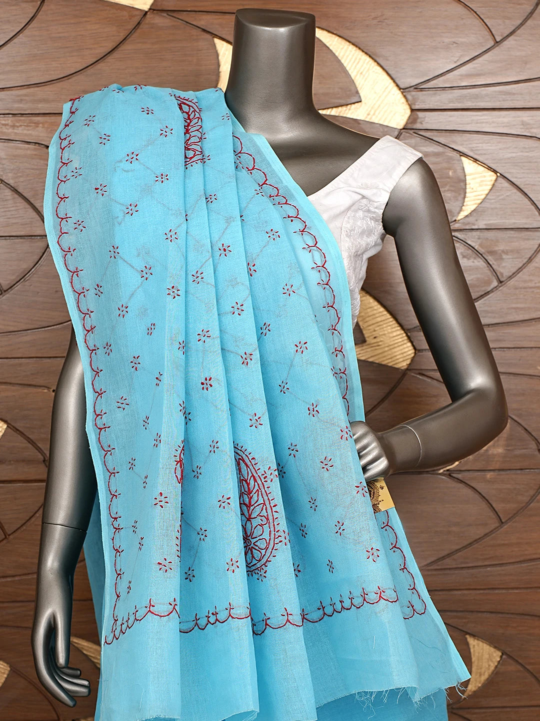 Ada Hand Embroidered Blue Cotton Lucknowi Chikankari Saree and Blouse 01A882896