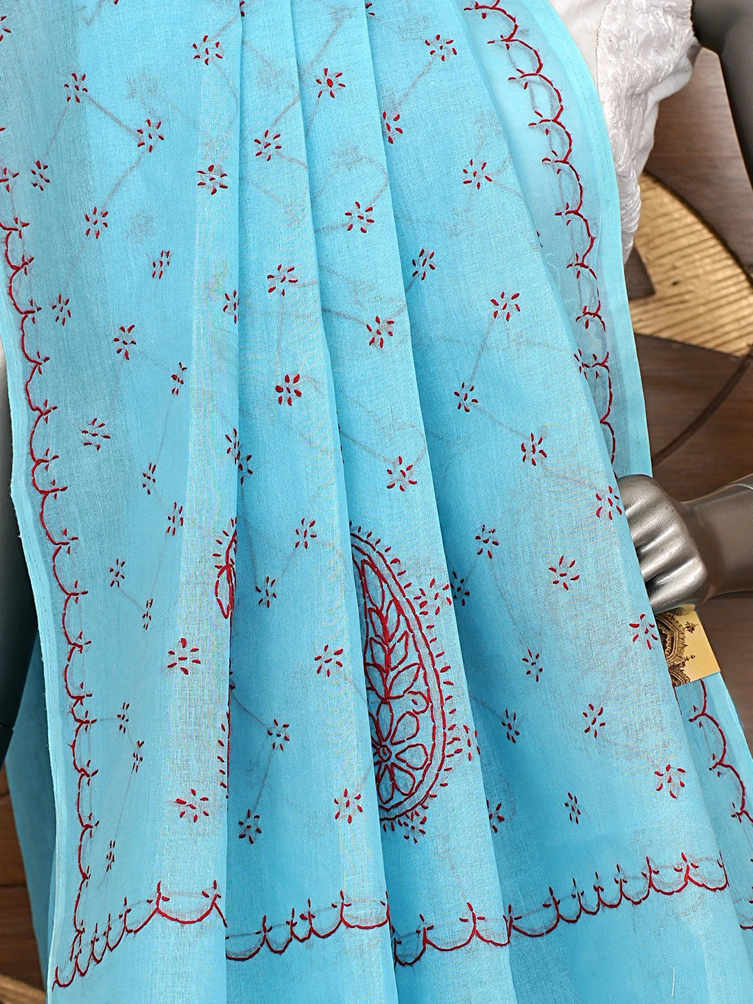 Ada Hand Embroidered Blue Cotton Lucknowi Chikankari Saree and Blouse 01A882896