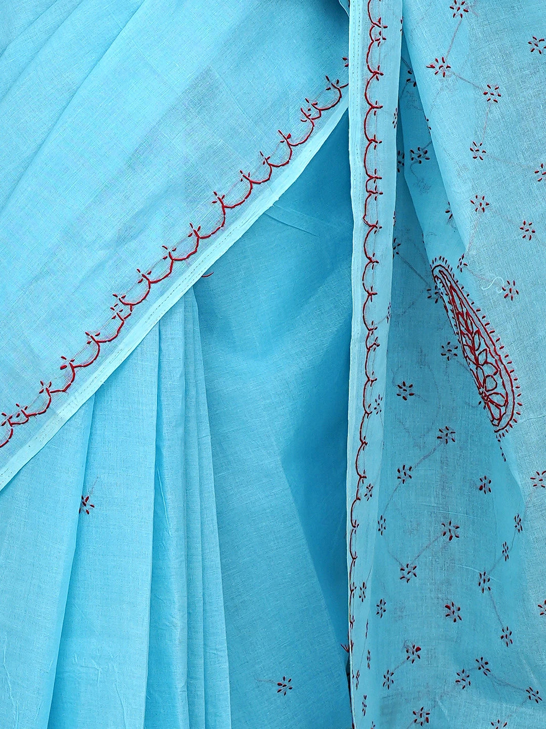 Ada Hand Embroidered Blue Cotton Lucknowi Chikankari Saree and Blouse 01A882896