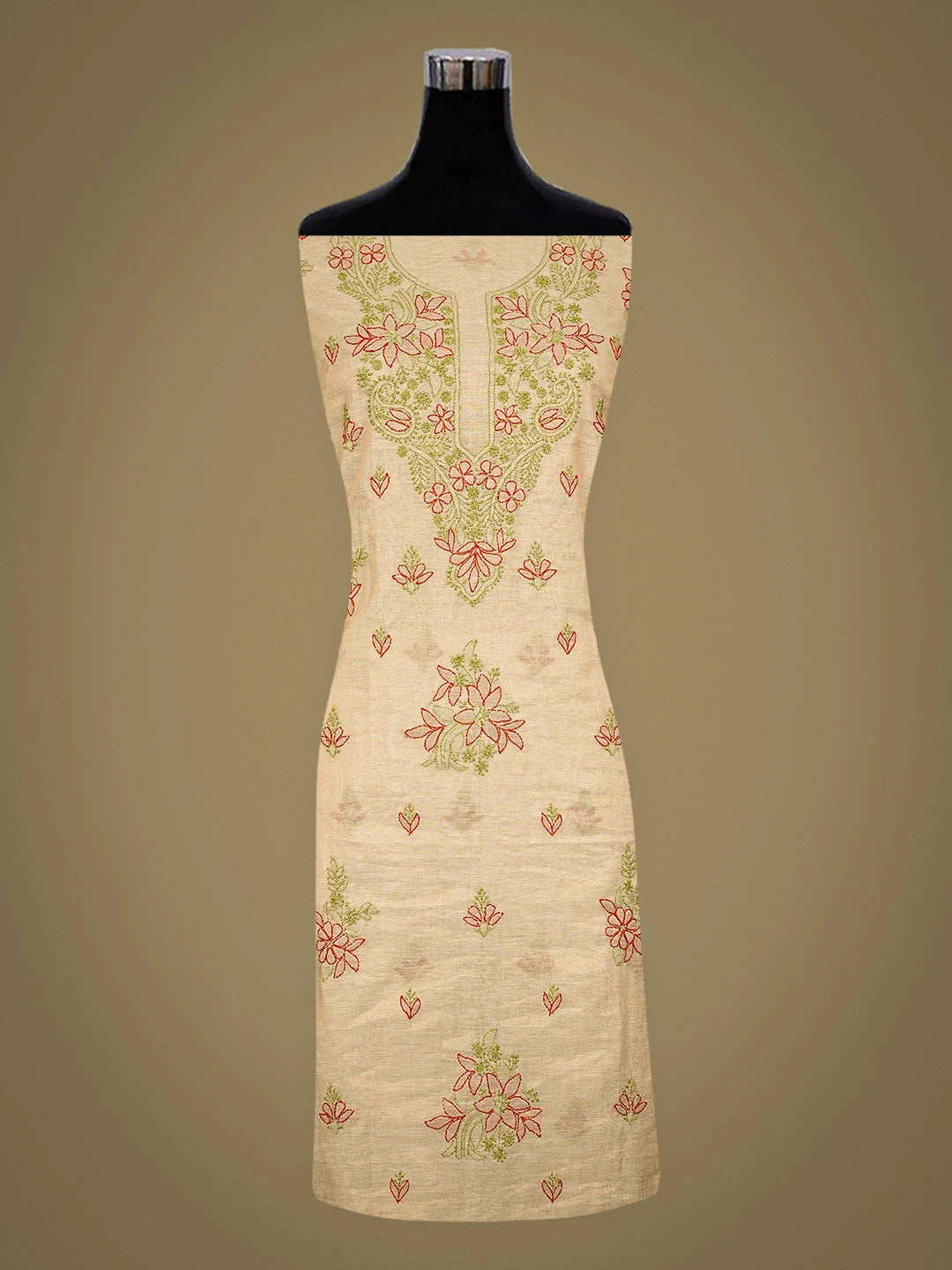 Ada Hand Embroidered Fawn Tissue Lucknowi Chikankari Unstitched Kurta Dupatta Set 01A871446