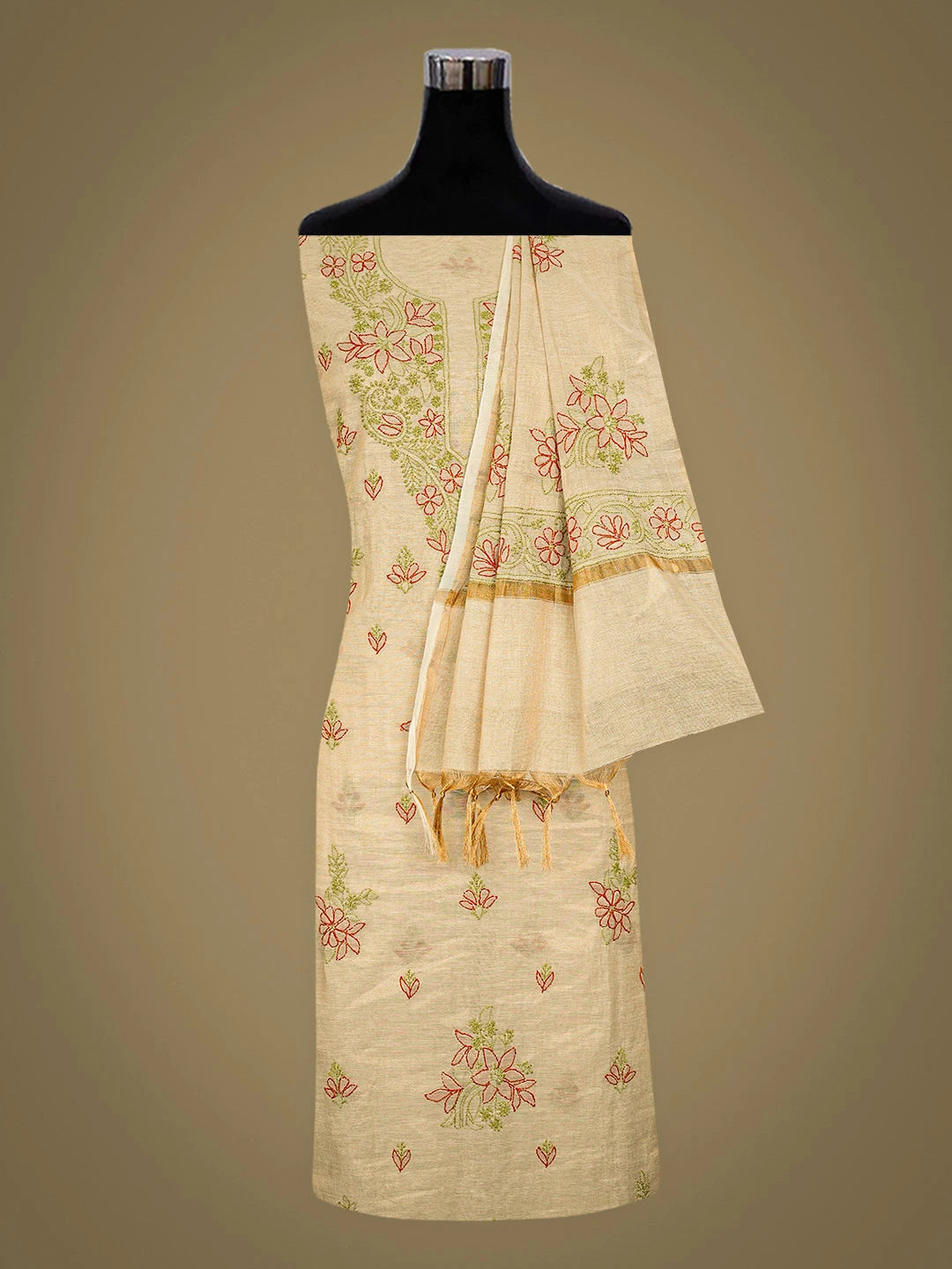 Ada Hand Embroidered Fawn Tissue Lucknowi Chikankari Unstitched Kurta Dupatta Set 01A871446
