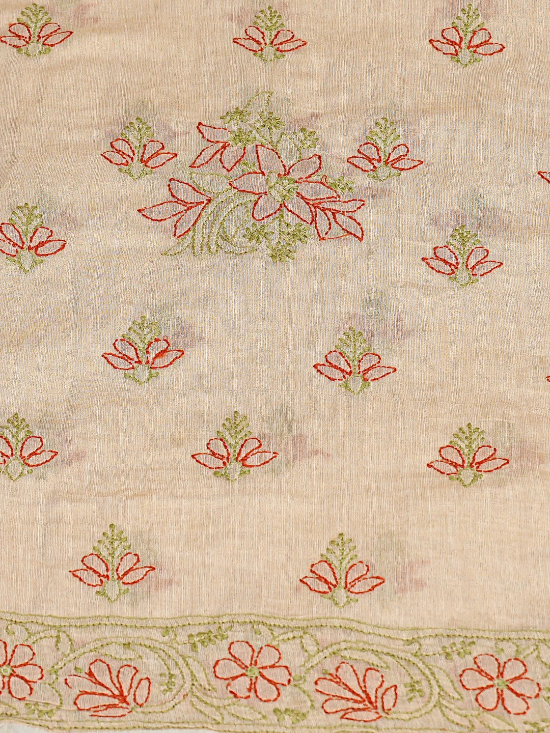 Ada Hand Embroidered Fawn Tissue Lucknowi Chikankari Unstitched Kurta Dupatta Set 01A871446