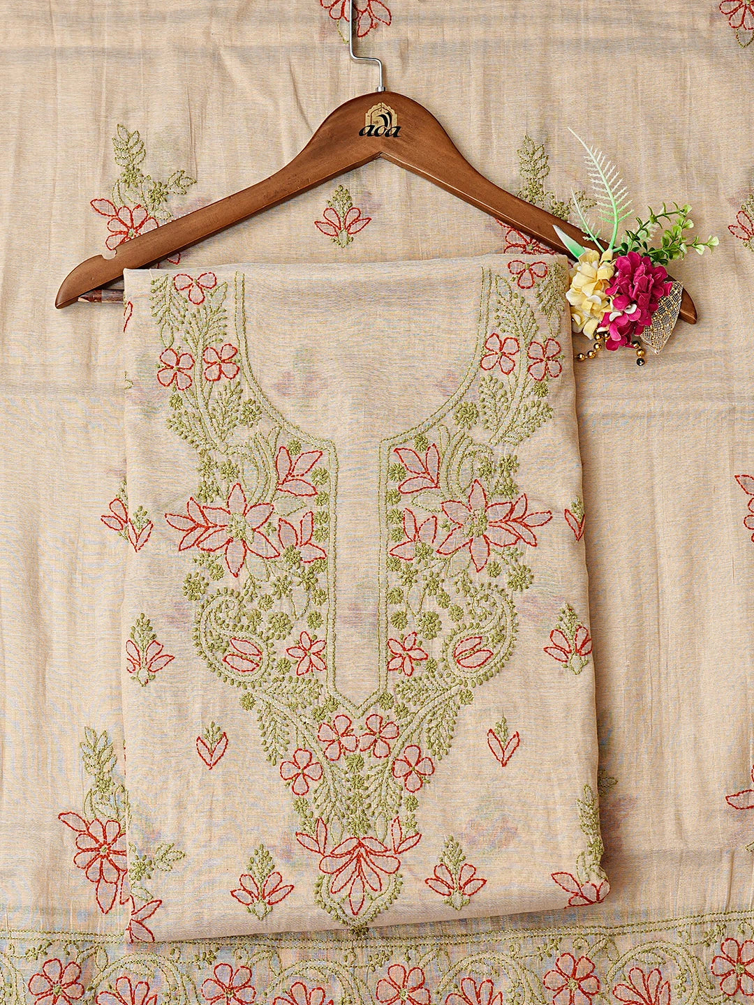 Ada Hand Embroidered Fawn Tissue Lucknowi Chikankari Unstitched Kurta Dupatta Set 01A871446