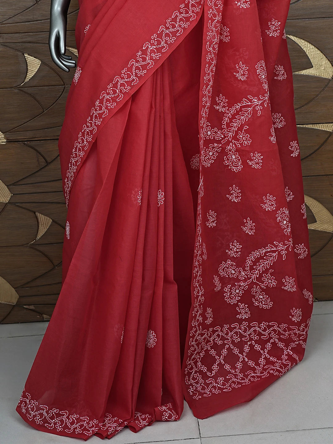 Ada Hand Embroidered Red Cotton Lucknowi Chikankari Saree and Blouse 01A872861
