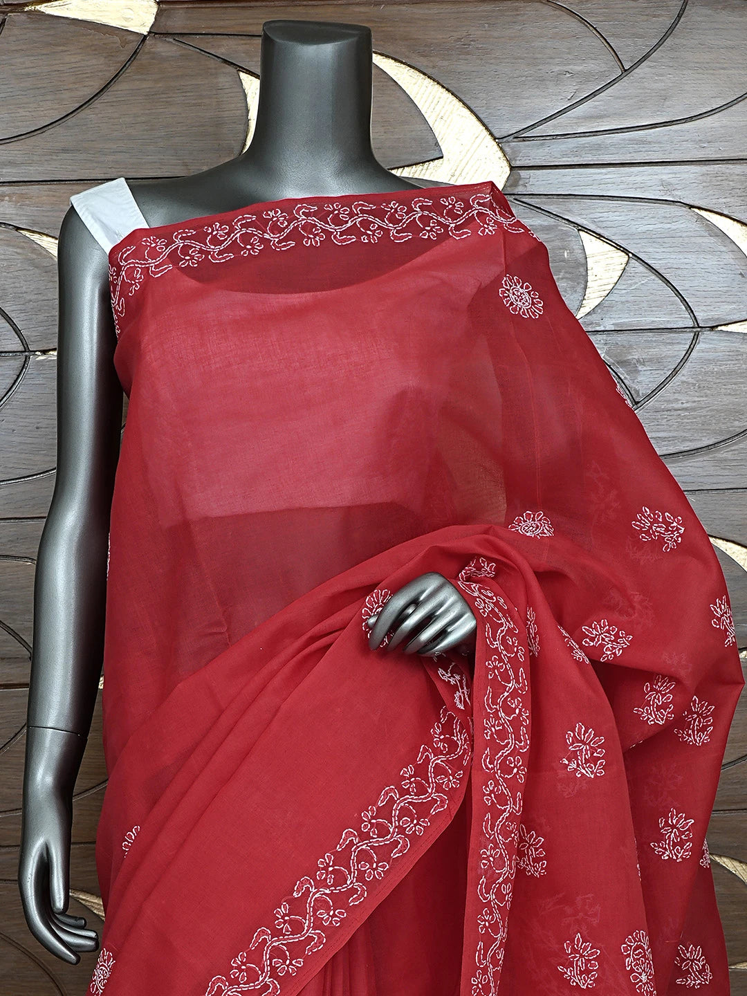 Ada Hand Embroidered Red Cotton Lucknowi Chikankari Saree and Blouse 01A872861