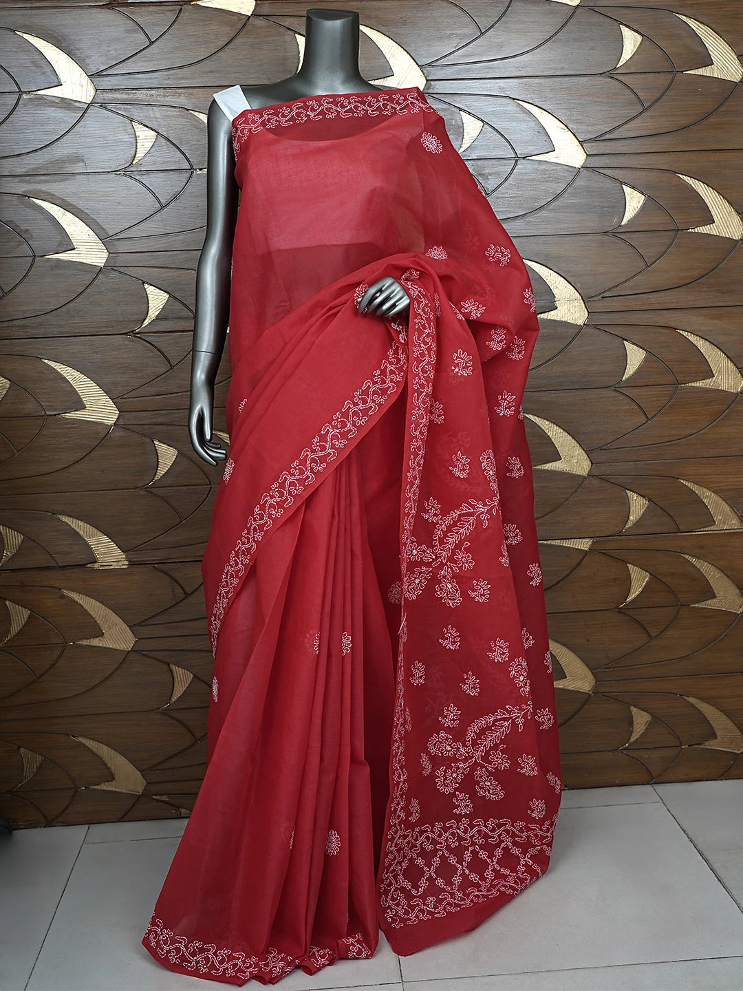 Ada Hand Embroidered Red Cotton Lucknowi Chikankari Saree and Blouse 01A872861