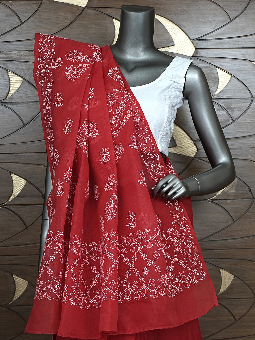 Ada Hand Embroidered Red Cotton Lucknowi Chikankari Saree and Blouse 01A872861