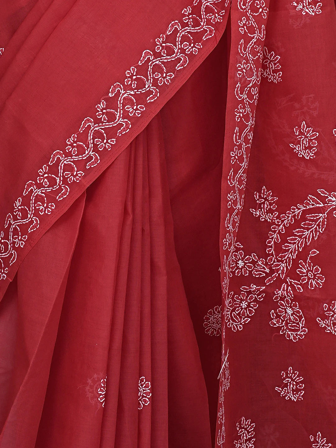 Ada Hand Embroidered Red Cotton Lucknowi Chikankari Saree and Blouse 01A872861