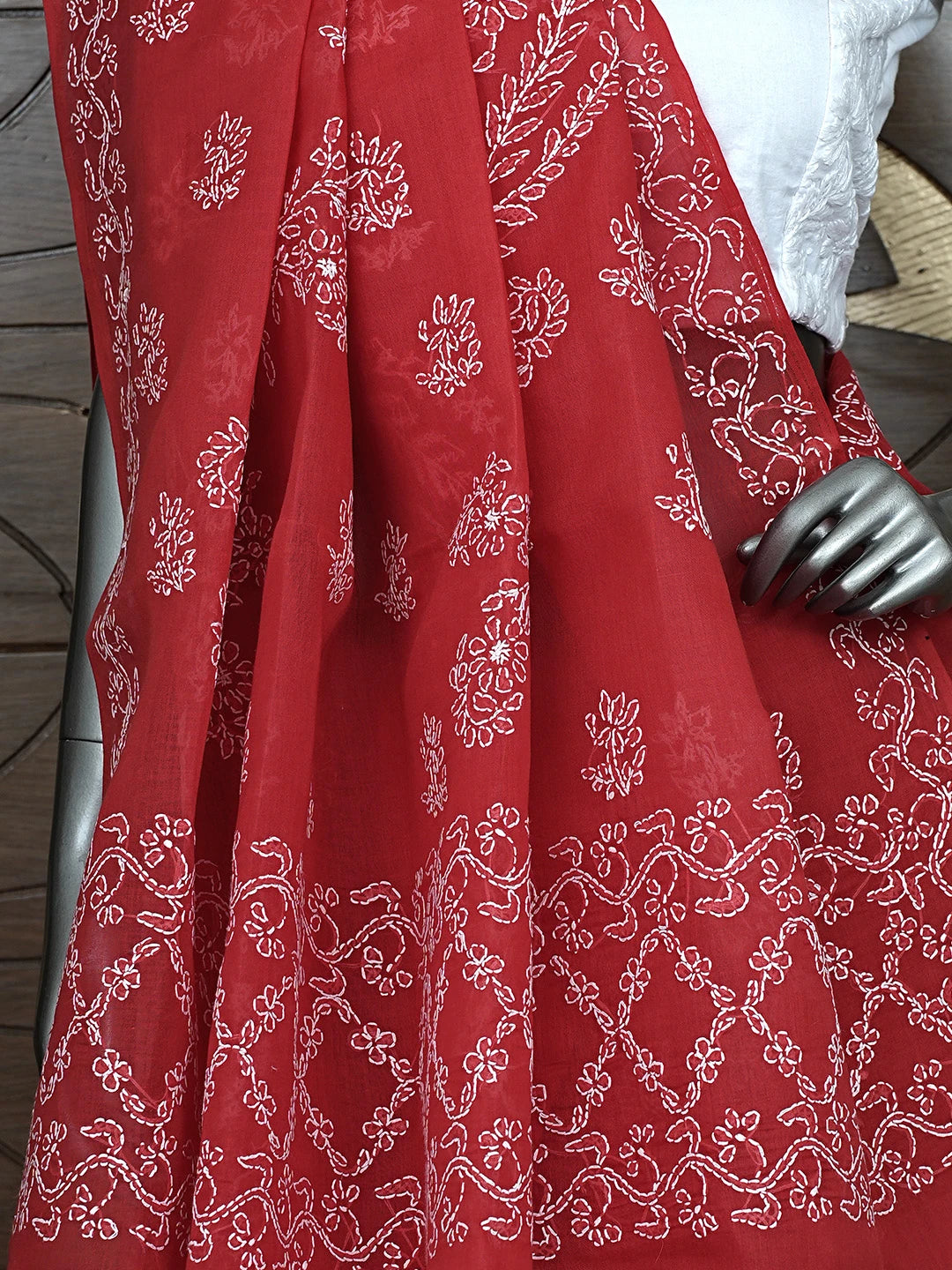 Ada Hand Embroidered Red Cotton Lucknowi Chikankari Saree and Blouse 01A872861