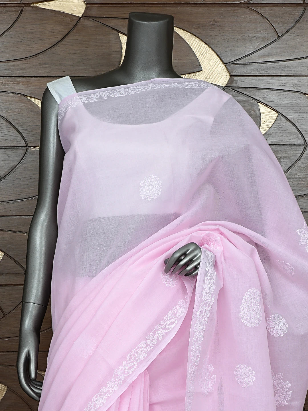 Ada Hand Embroidered Pink Cotton Lucknowi Chikankari Saree and Blouse 01A872868