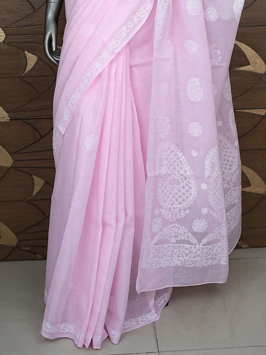 Ada Hand Embroidered Pink Cotton Lucknowi Chikankari Saree and Blouse 01A872868