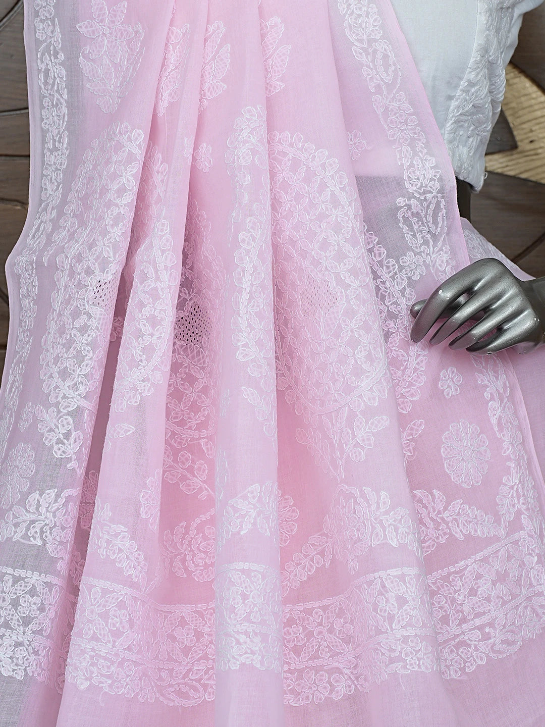 Ada Hand Embroidered Pink Cotton Lucknowi Chikankari Saree and Blouse 01A872868