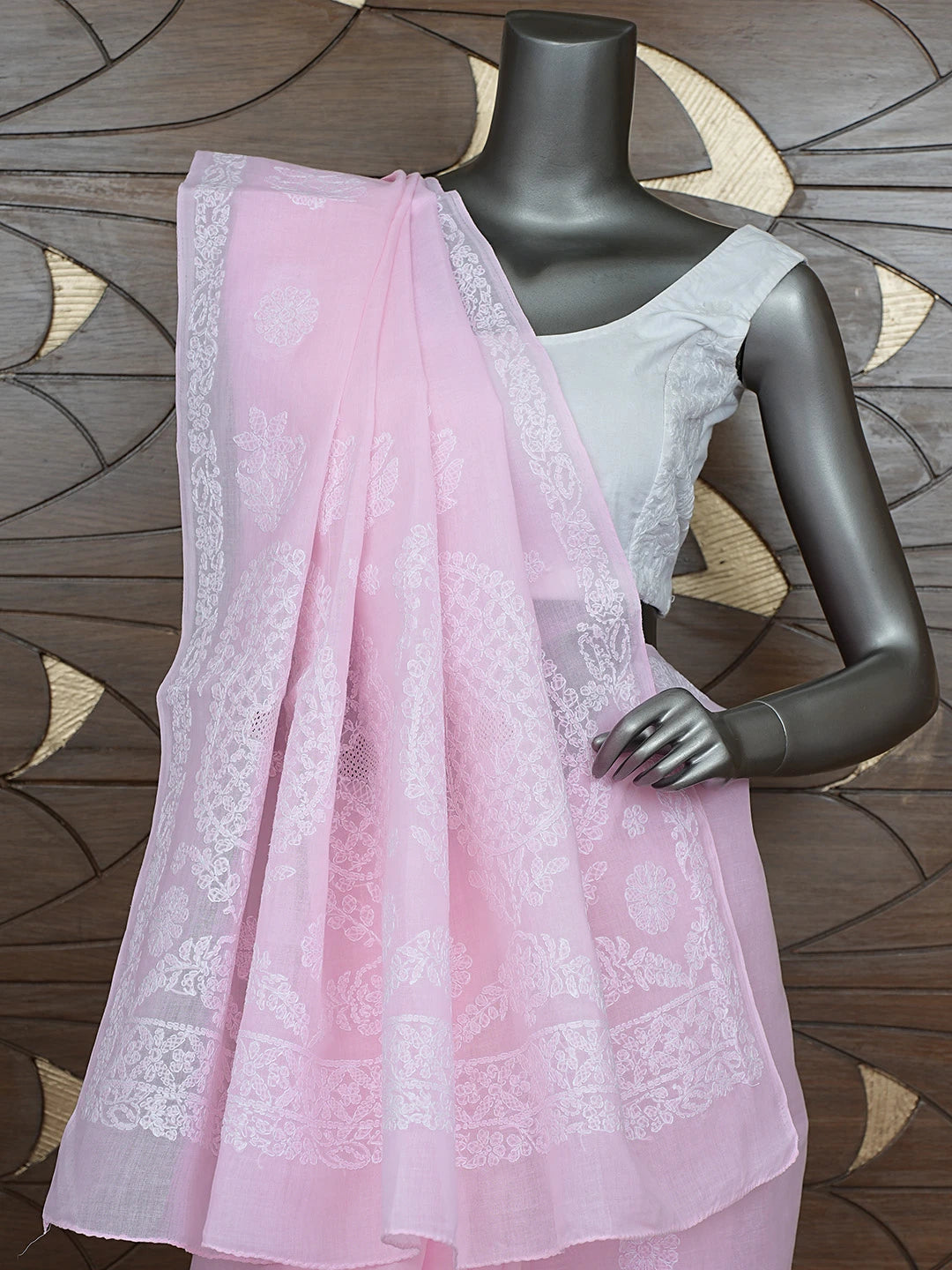 Ada Hand Embroidered Pink Cotton Lucknowi Chikankari Saree and Blouse 01A872868