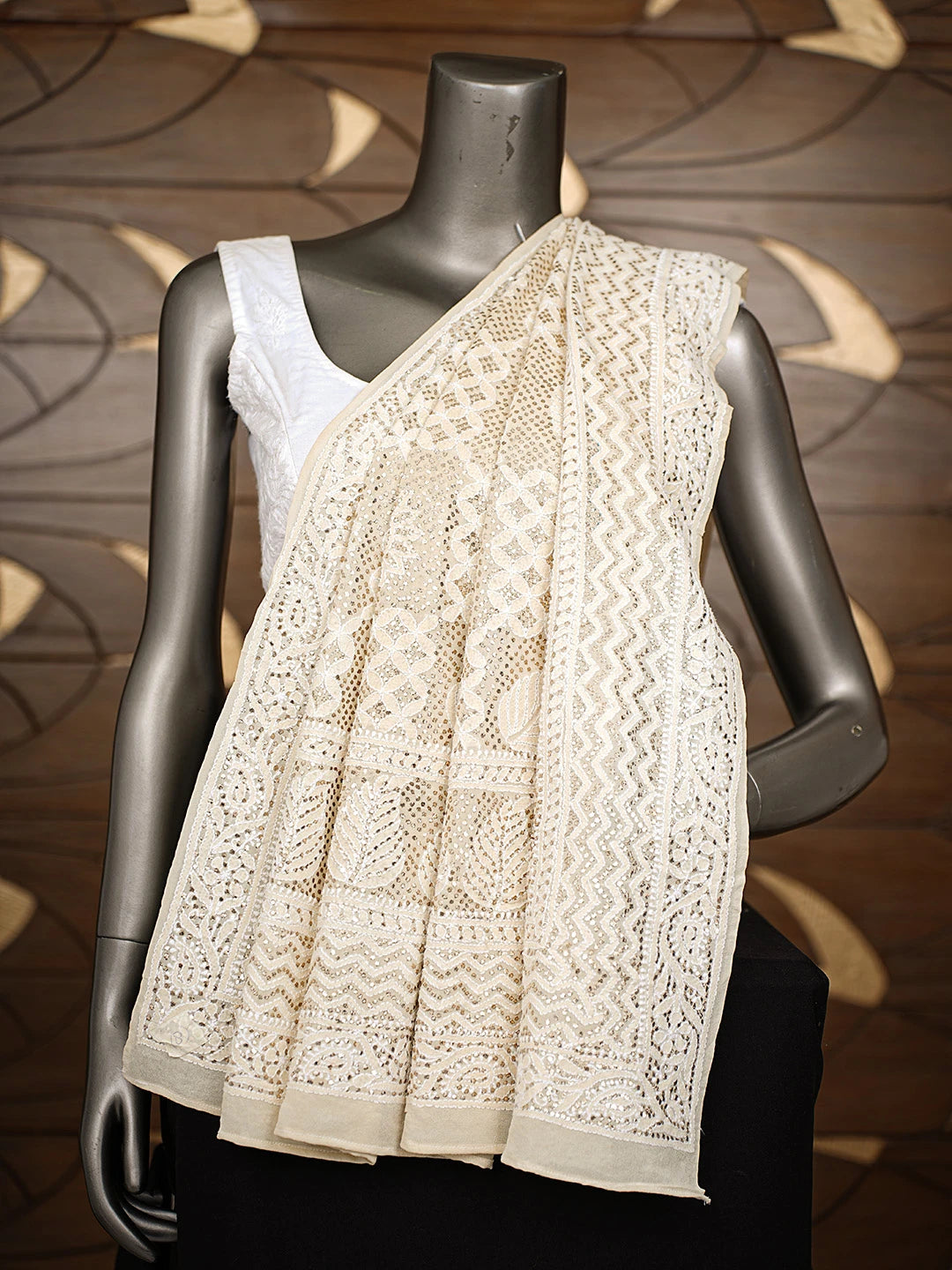 Ada Hand Embroidered Off White  Pure Georgette Dupatta With Muqaish Work 01A889821