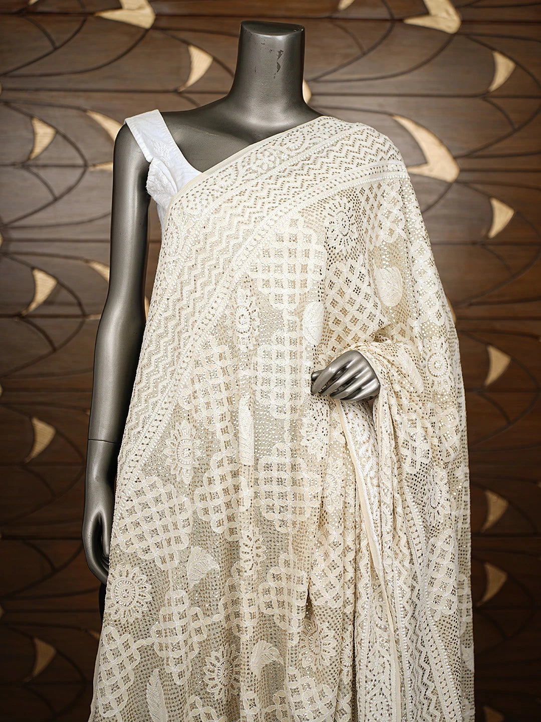 Ada Hand Embroidered Off White  Pure Georgette Dupatta With Muqaish Work 01A889821