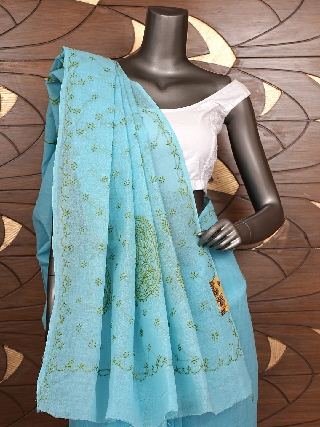 Ada Hand Embroidered Blue Cotton Lucknowi Chikankari Saree and Blouse 01A882894