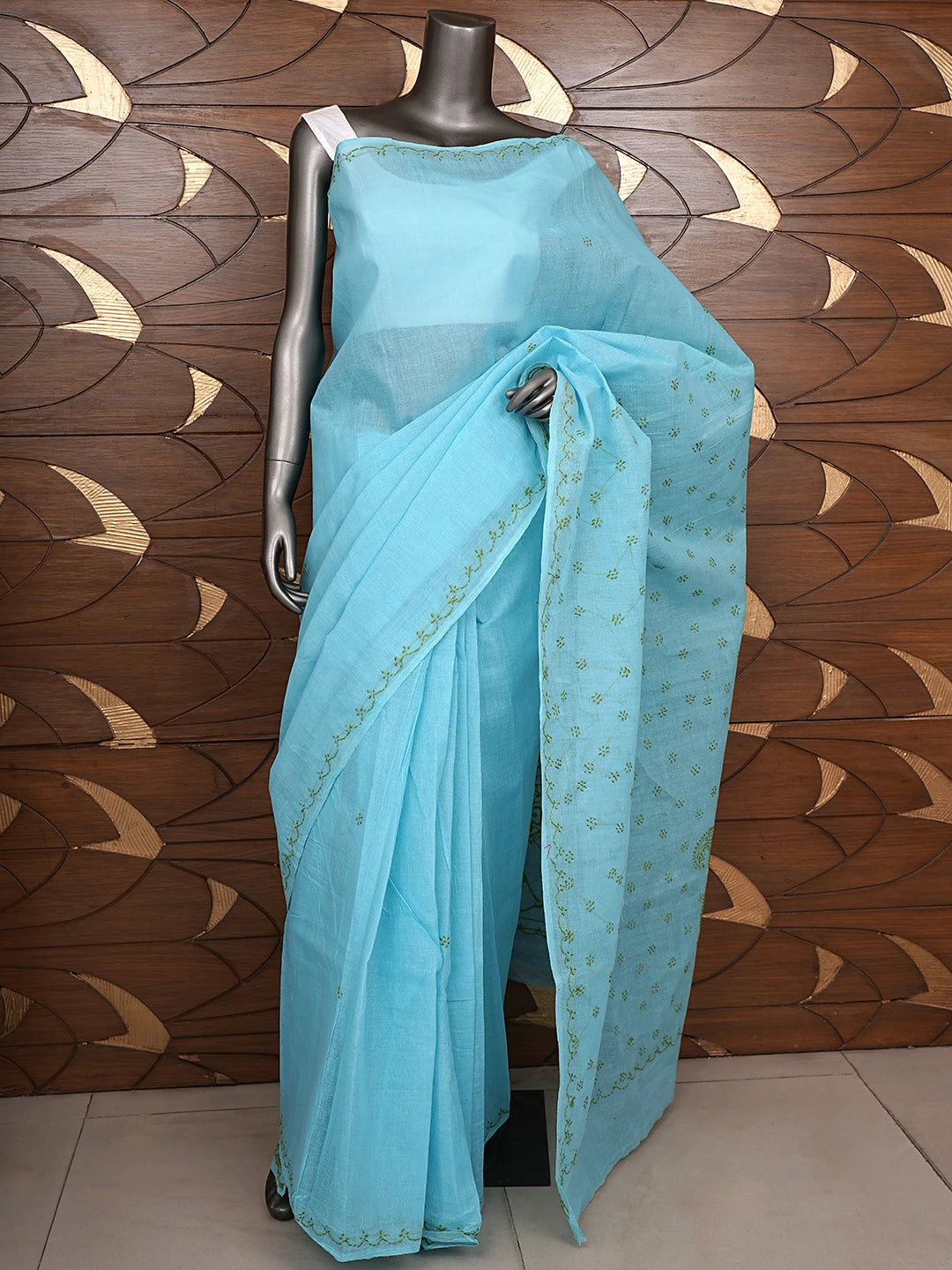 Ada Hand Embroidered Blue Cotton Lucknowi Chikankari Saree and Blouse 01A882894