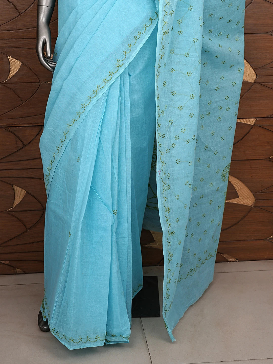 Ada Hand Embroidered Blue Cotton Lucknowi Chikankari Saree and Blouse 01A882894