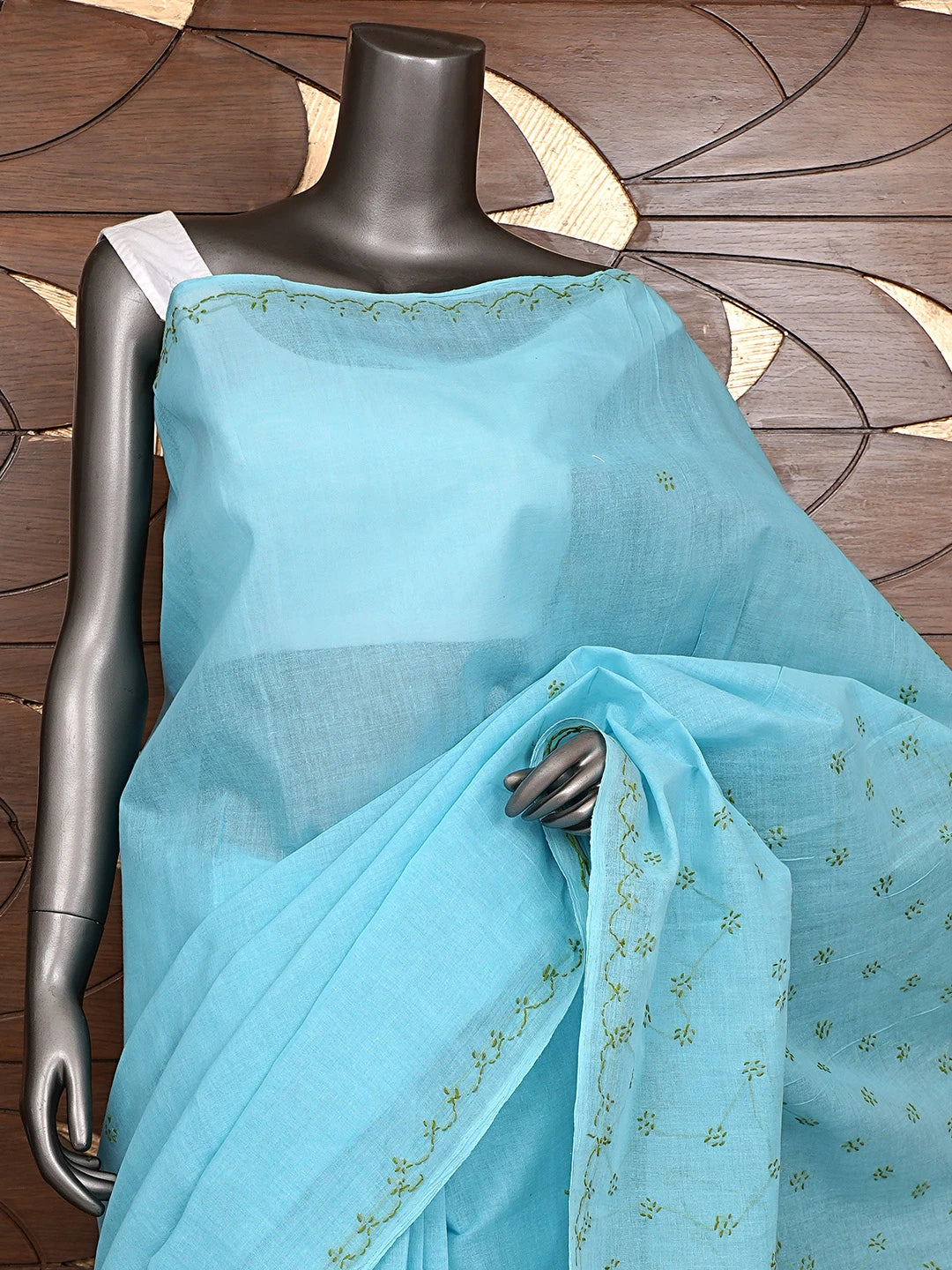 Ada Hand Embroidered Blue Cotton Lucknowi Chikankari Saree and Blouse 01A882894