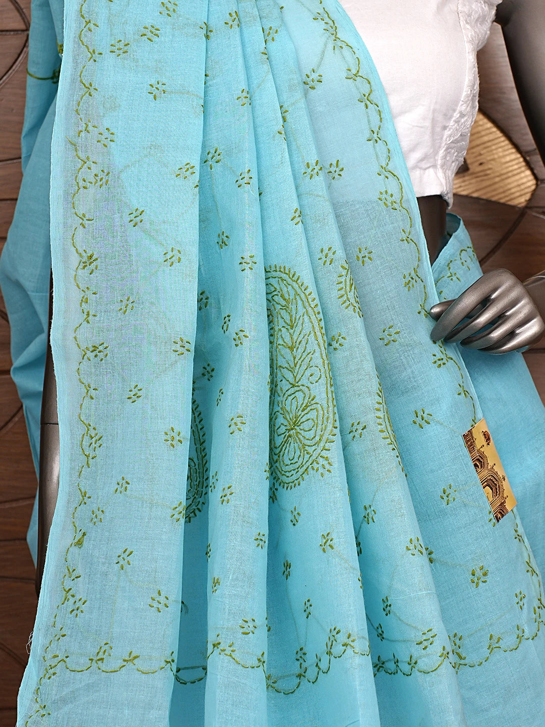 Ada Hand Embroidered Blue Cotton Lucknowi Chikankari Saree and Blouse 01A882894