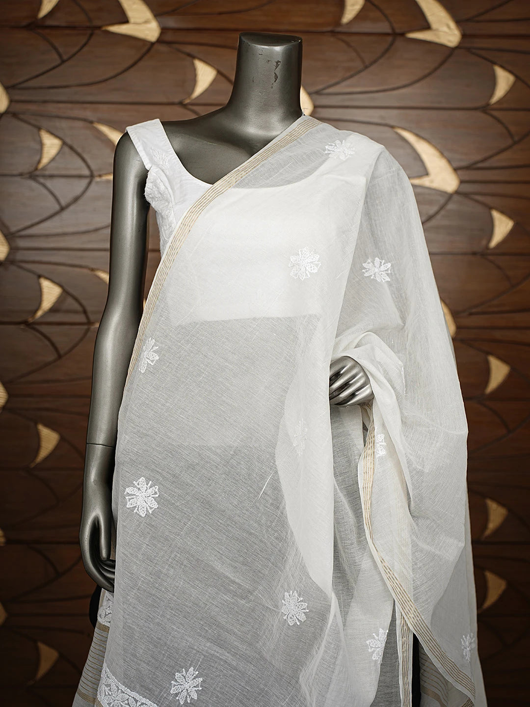 Ada Hand Embroidered White Chanderi Lucknowi Chikankari Dupatta 01A862707