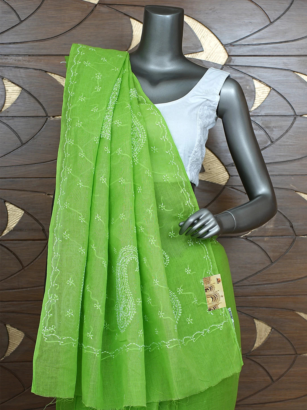 Ada Hand Embroidered Green Cotton Lucknowi Chikankari Saree and Blouse 01A882864