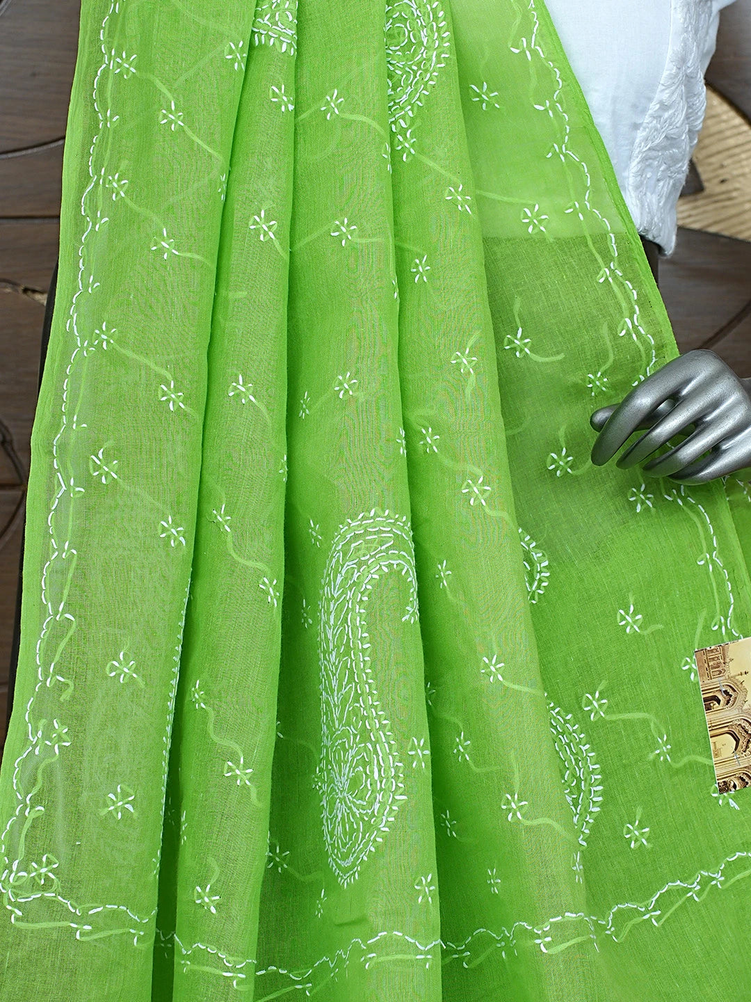 Ada Hand Embroidered Green Cotton Lucknowi Chikankari Saree and Blouse 01A882864