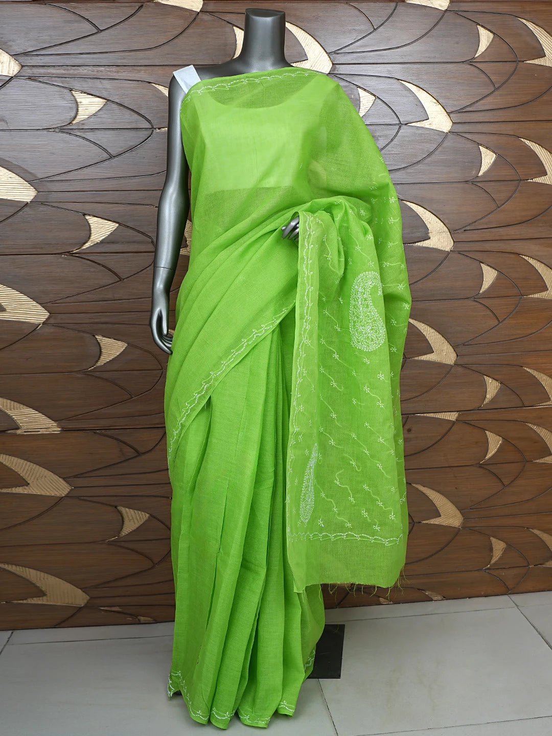 Ada Hand Embroidered Green Cotton Lucknowi Chikankari Saree and Blouse 01A882864
