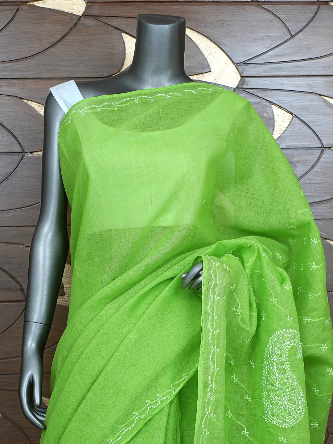 Ada Hand Embroidered Green Cotton Lucknowi Chikankari Saree and Blouse 01A882864
