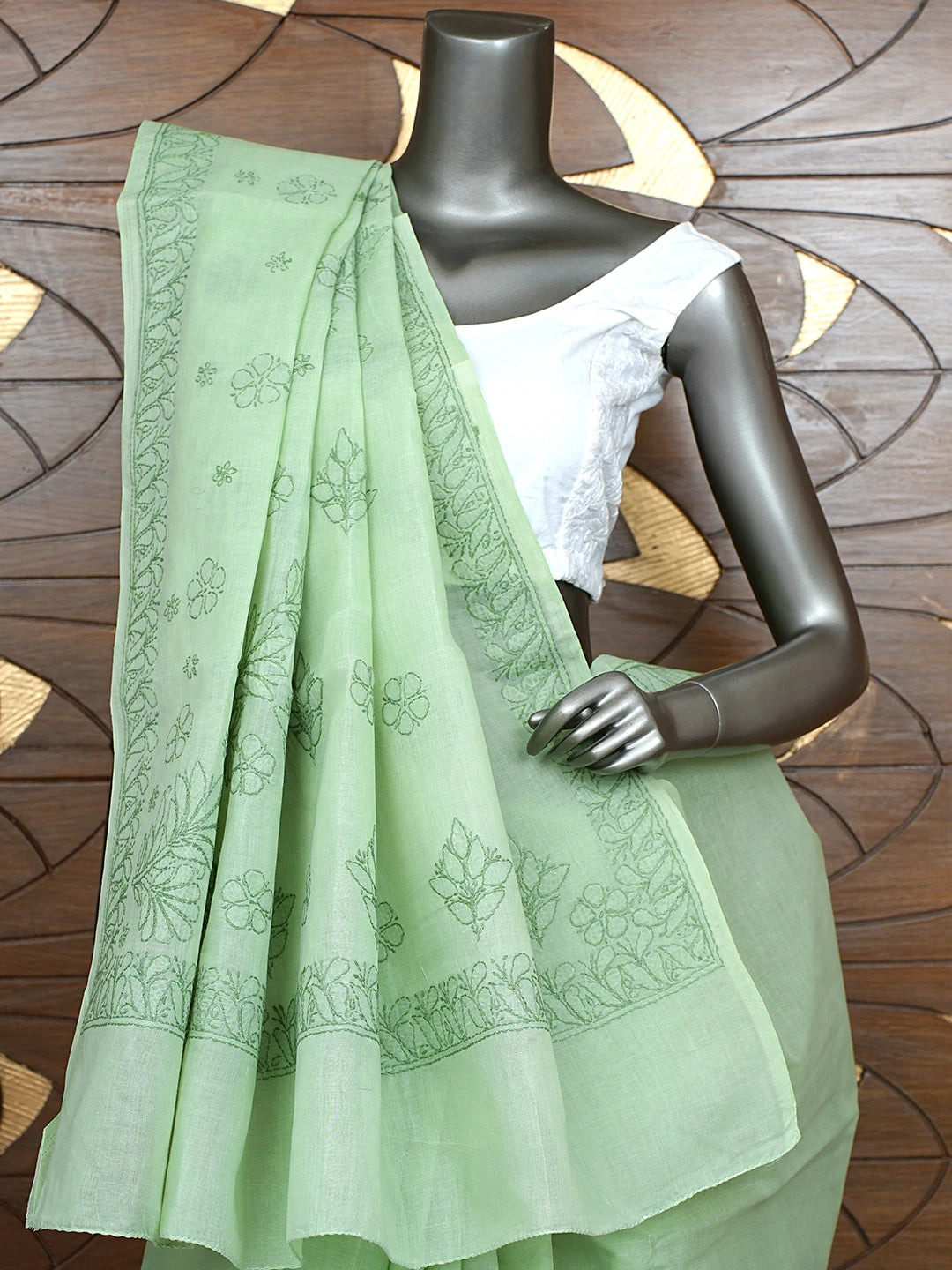 Ada Hand Embroidered Pista Green Cotton Lucknowi Chikankari Saree and Blouse 01A872888