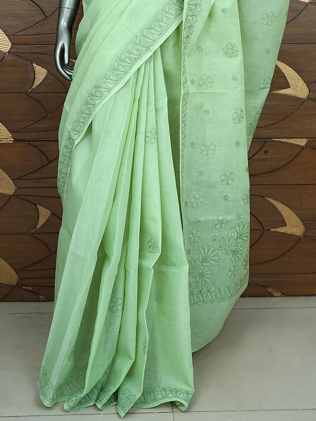 Ada Hand Embroidered Pista Green Cotton Lucknowi Chikankari Saree and Blouse 01A872888